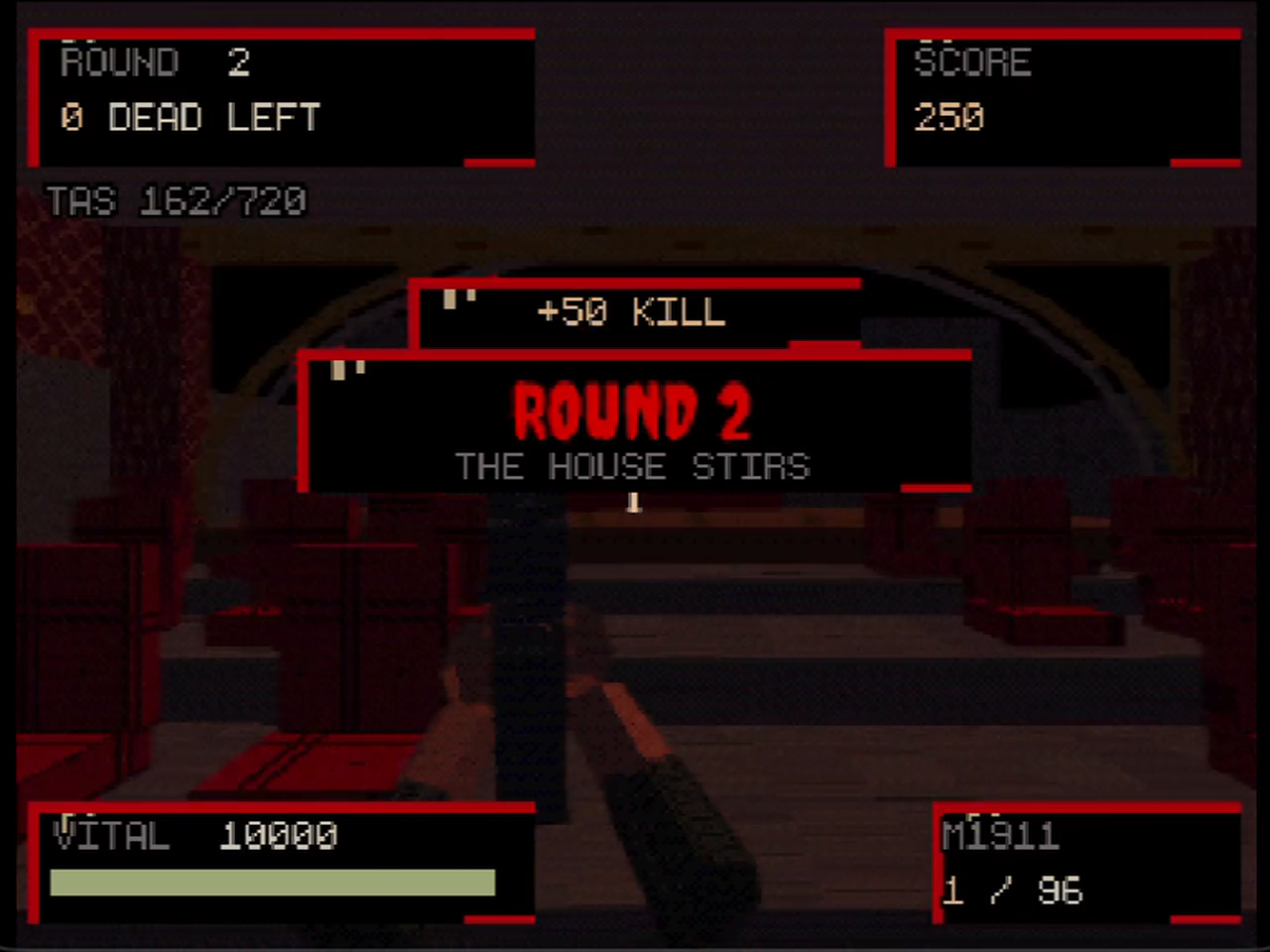 Native N64 first wave firefight with a zombie crossing the auditorium